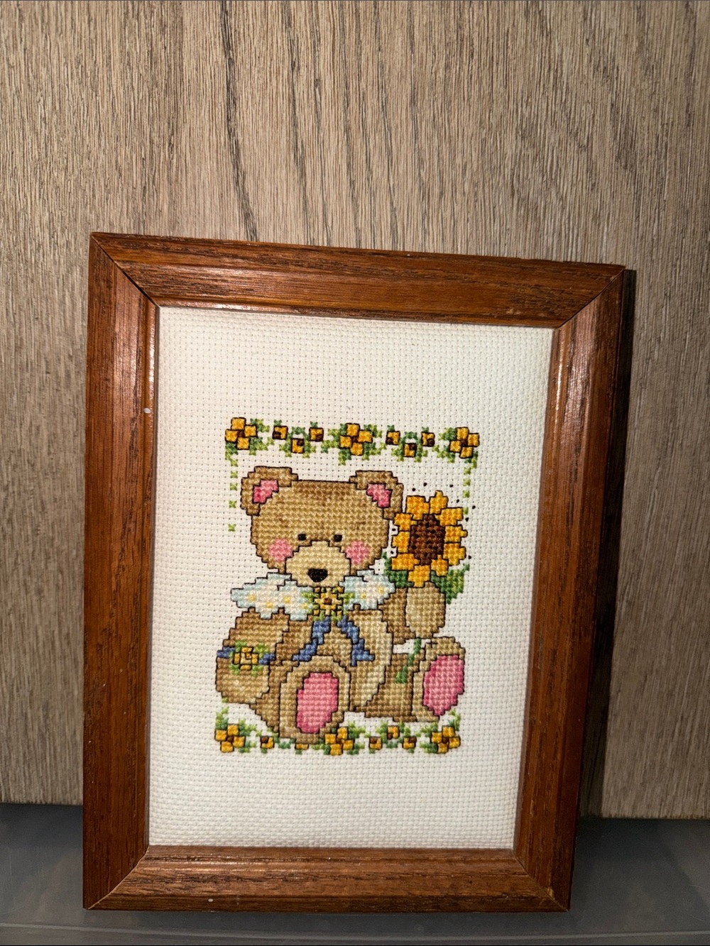 Beige Teddy Bear Cross-Stitch Wall Art with Yellow Sunflower